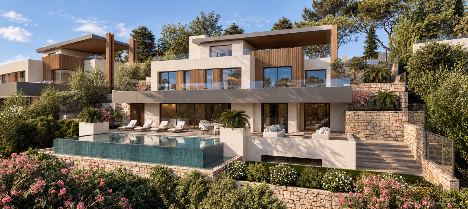 Villas P8: stepped villa above an infinity pool among planting